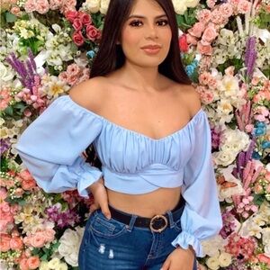 Trendy Off-Shoulder Light Blue Women's Top